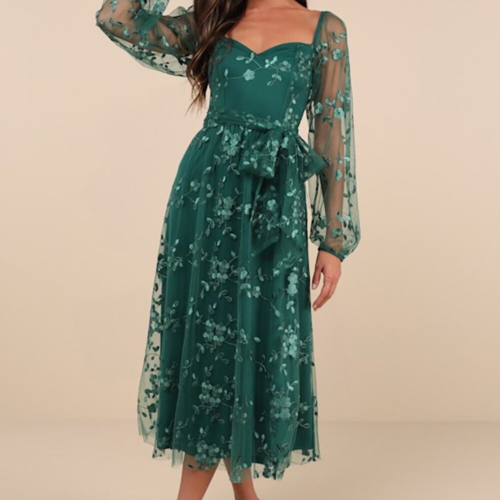 Lulus Darling Charisma Emerald Mesh Embroidered Midi Dress Green - Size XS